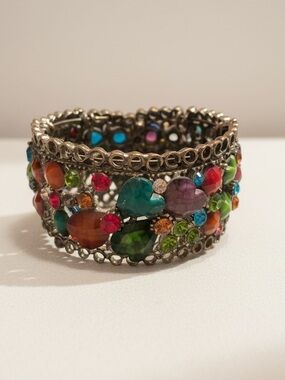 Antique Chunky Hinged Clamper Bracelet Multi Colored Heart Stones